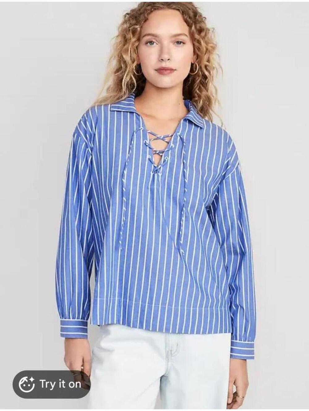 Old Navy Tie-Front Notch Collar Shirt Women's Size XL Nautical/Beachy/Preppy
